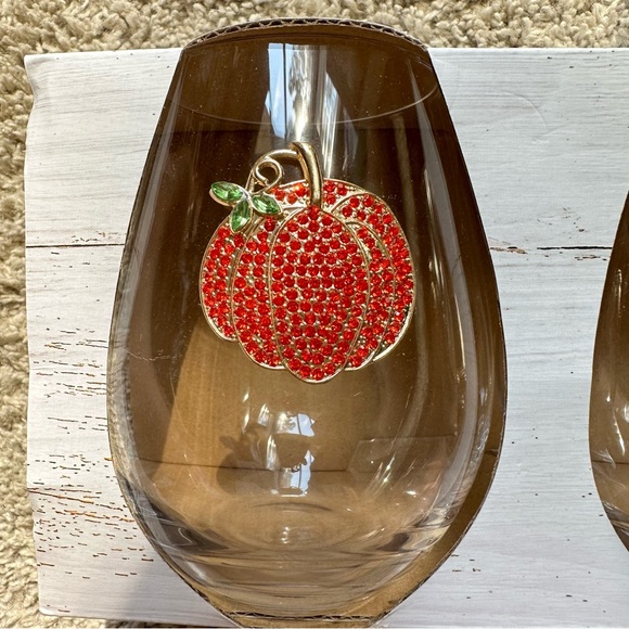 (LAST SET) NWT Haymarket Square Rhinestone Pumpkin Stemless Glasses HALLOWEEN - Picture 3 of 12